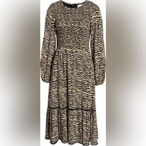 LOST + WANDER | Zebra Print Midi Dress Animal Print Long Sleeve Tiered | XL
